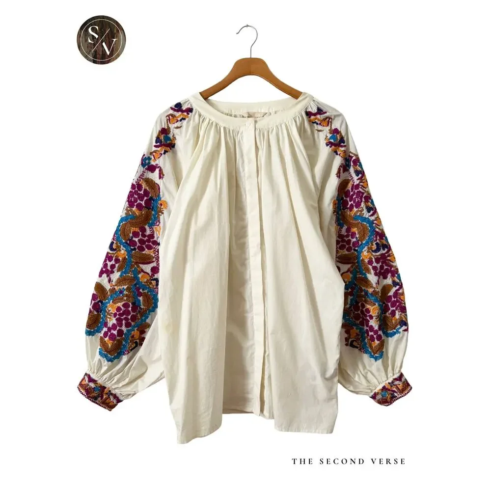 H&M Ivory Cream Embroidered Long Puff Sleeve Women's Top Size 12